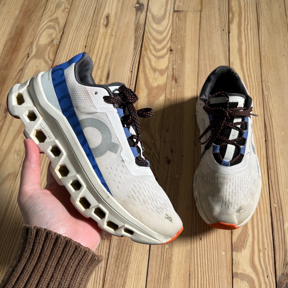 On Cloudmonster Running Shoes Womens 7.5 White Blue Orange CloudTec Sneakers